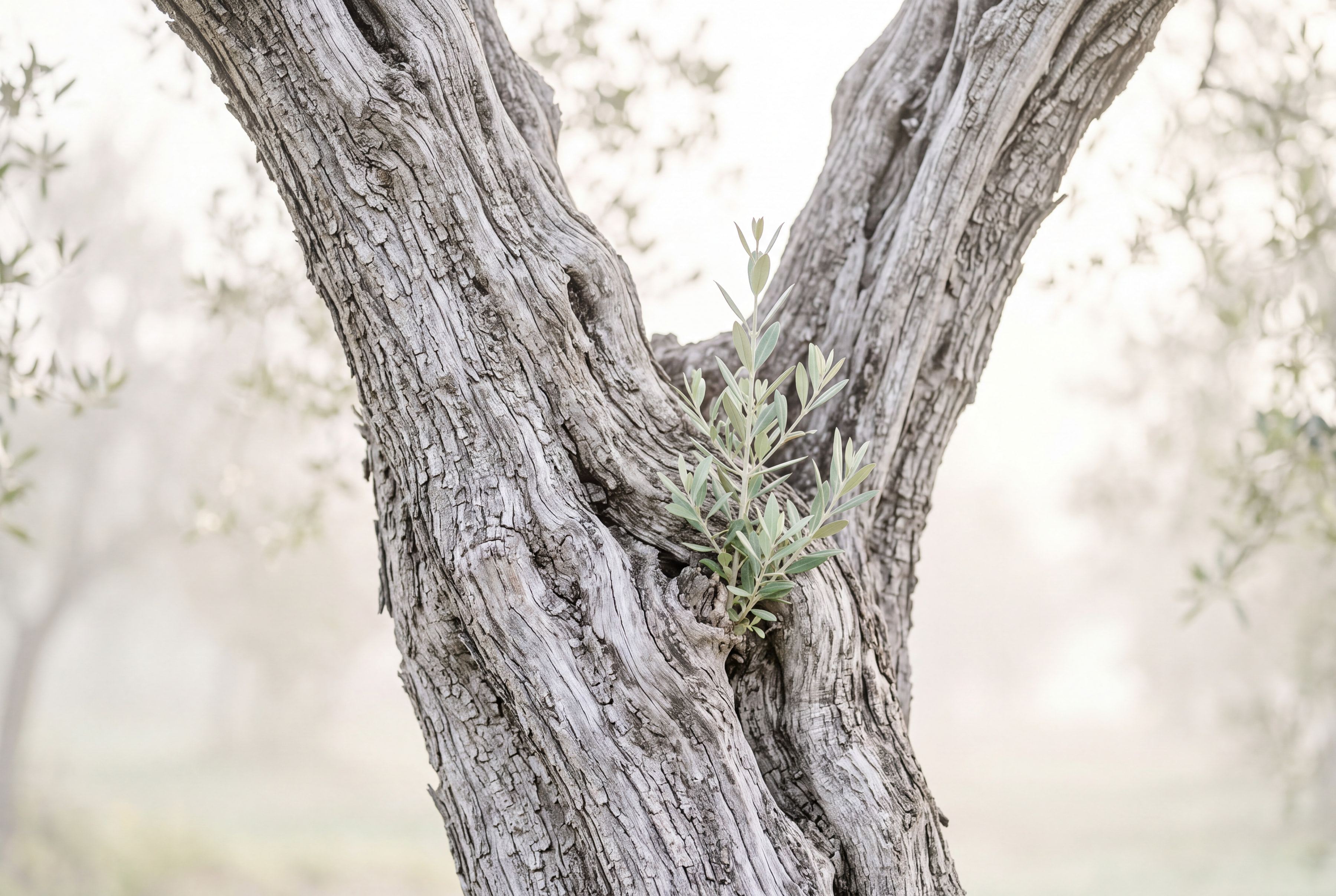 The furrowed trunk of an ancient olive tree with a single fresh, silver-green shoot growing from the old wood.
