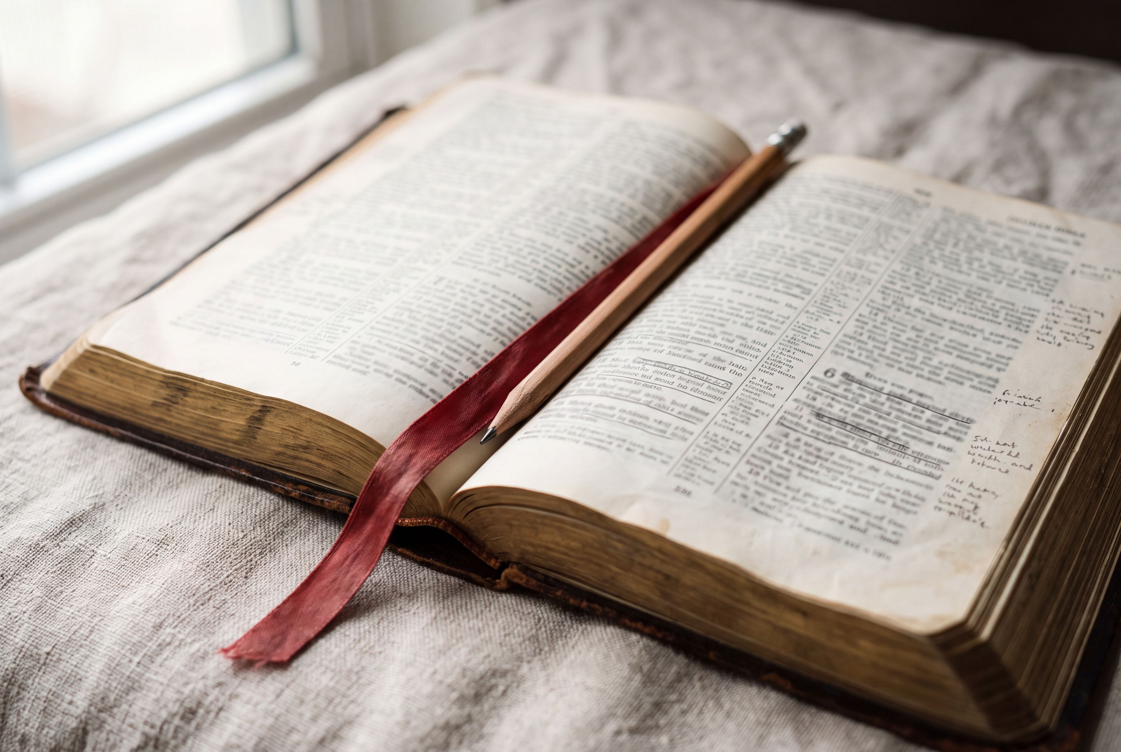 An old, well-used Bible open on linen in morning light, a red ribbon across the page and a pencil resting in the fold.