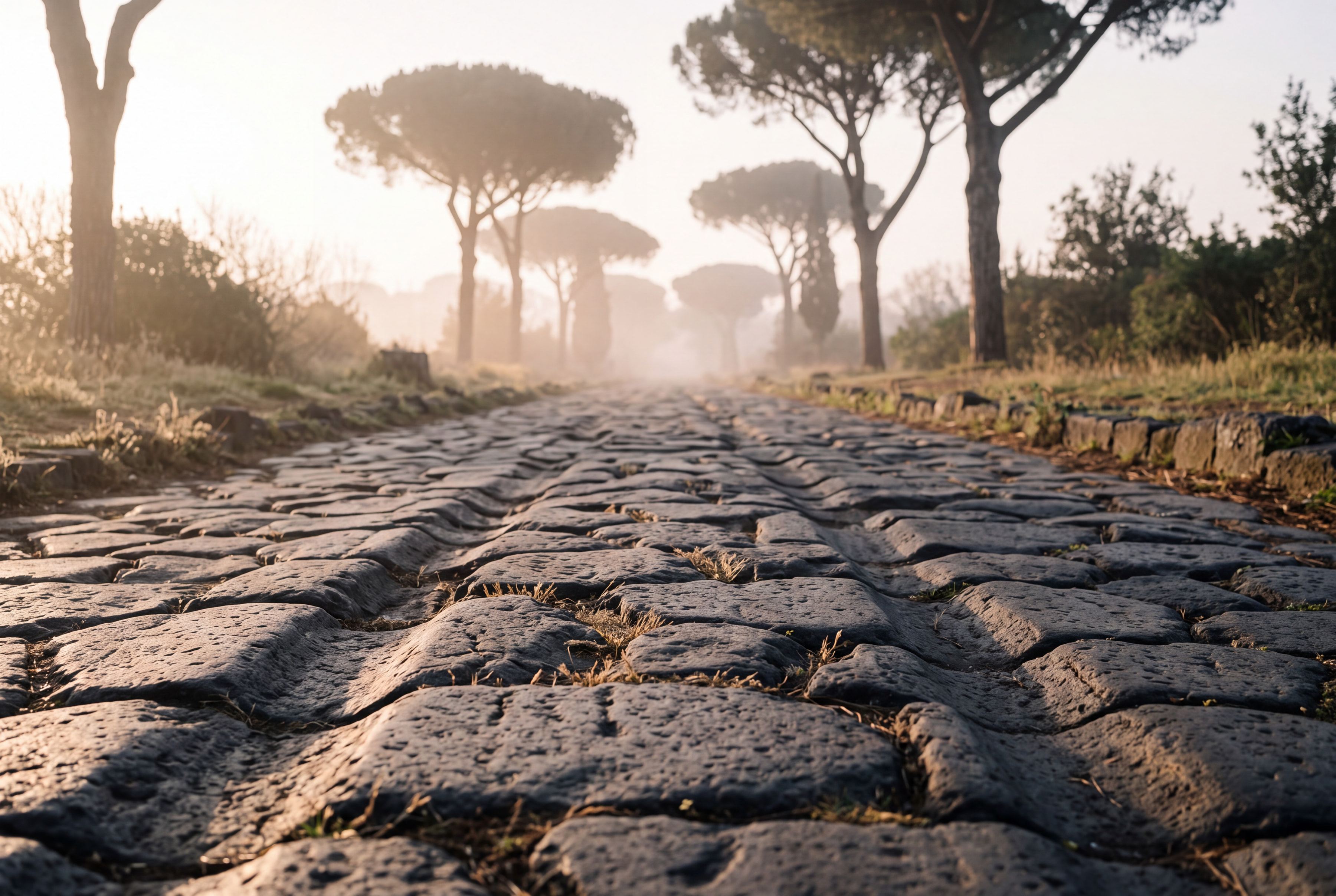 An ancient Roman road of worn basalt stones running between umbrella pines into the morning haze.